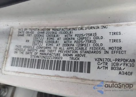 2002 Toyota Tacoma Base V6 z USA, uszkodzony, nr VIN 5TEHN72N22Z139023